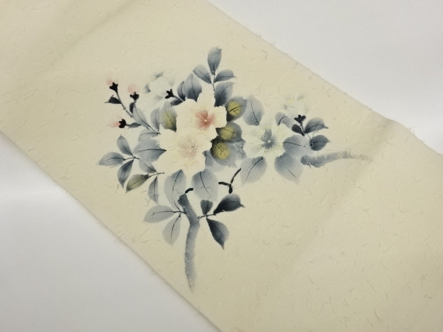 JAPANESE NAGOYA OBI / HIGE TSUMUGI / HAND PAINTED / FLOWER / ARTIST WORK
